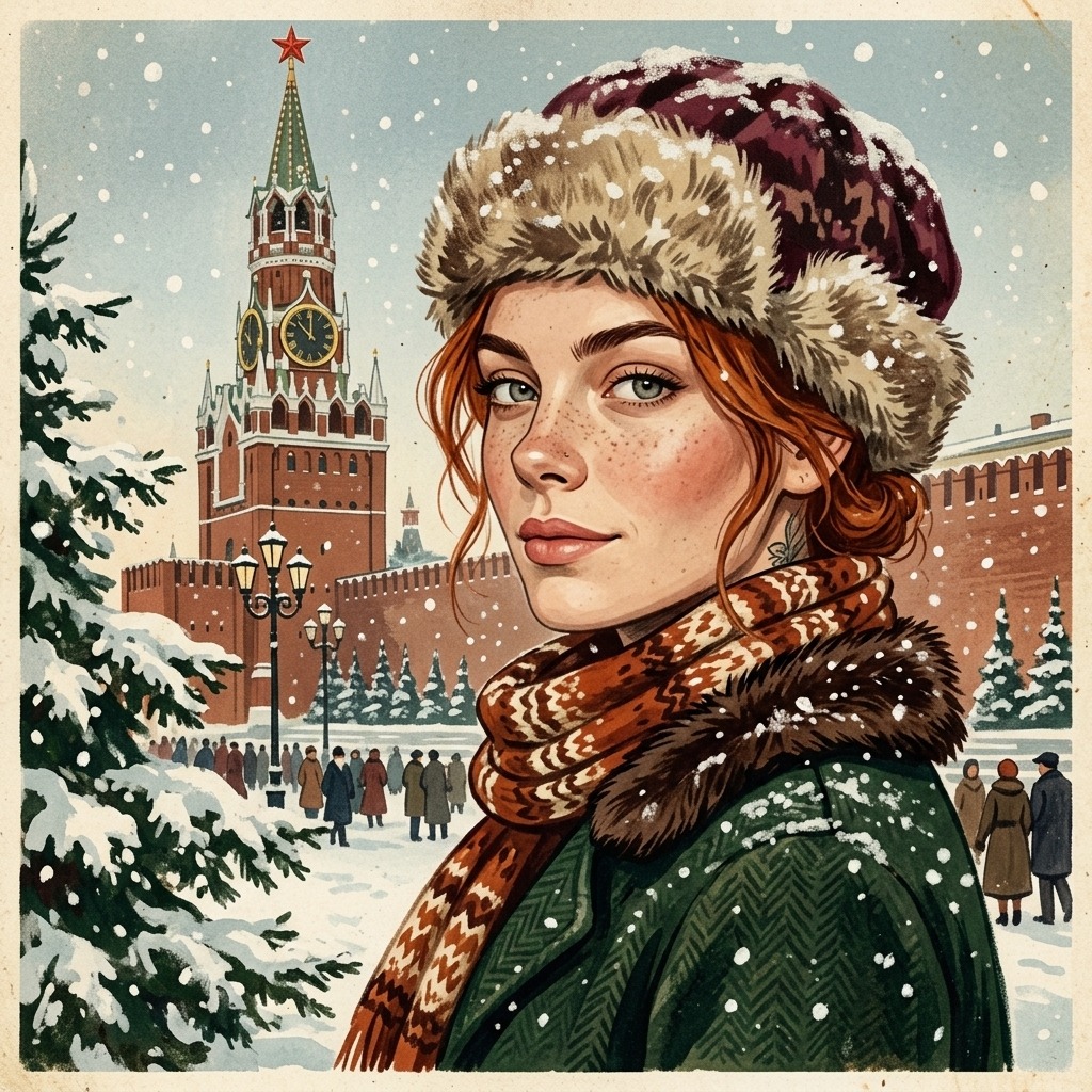 Образ «У Кремля» в CHARMA: девушка в меховой шапке и вязаном шарфе на фоне Спасской башни, рисунок в стиле советской открытки